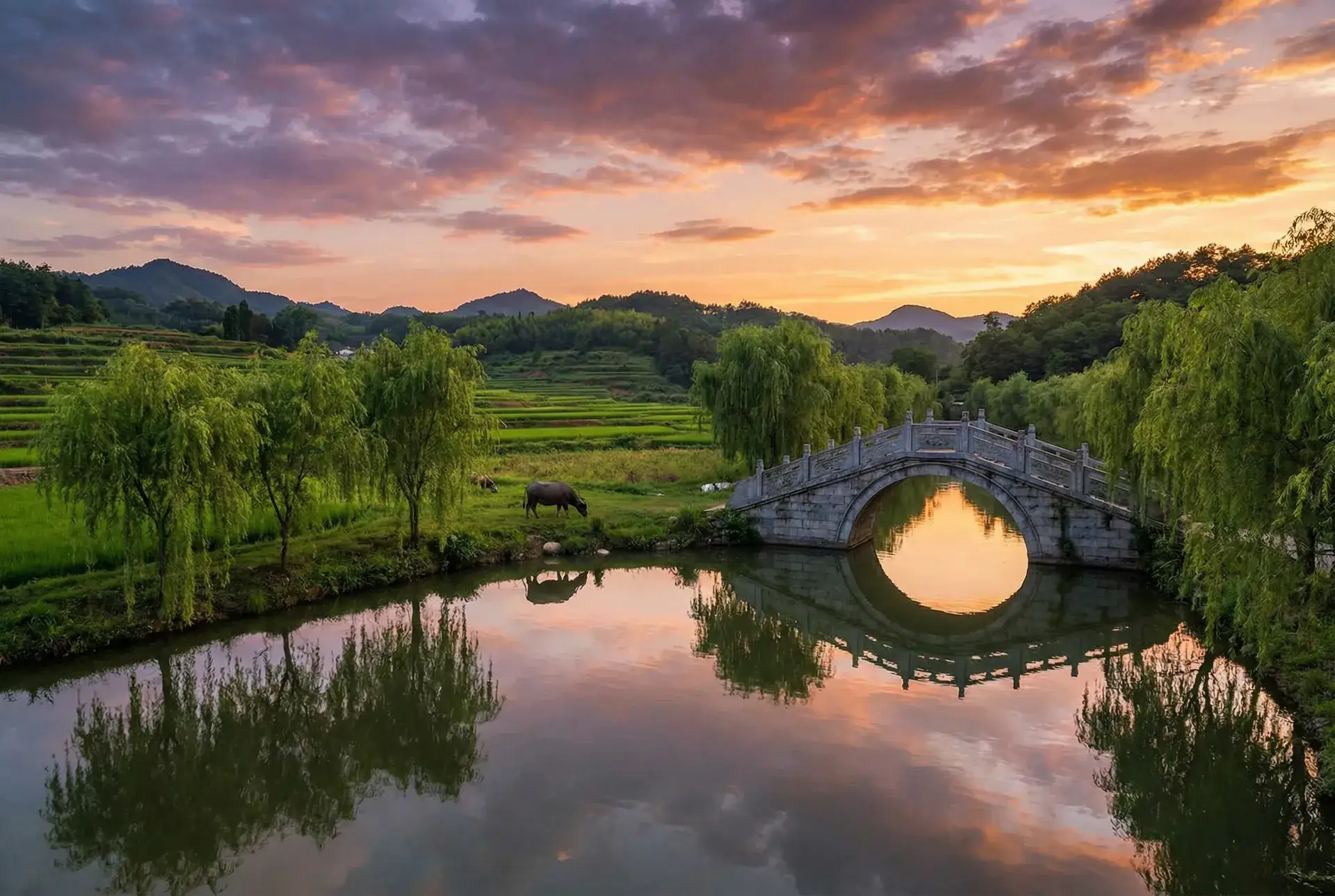 夕阳下的石拱桥与垂柳，水牛在河边吃草 - 北辙南辕电视剧在线观看免费 乡村美景